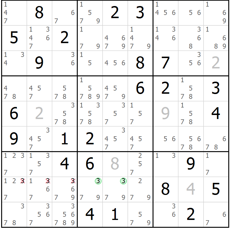 Position des candidats pour la solution de la Gr 80 page 83 du magazine de sudoku Virtuose n° 130
