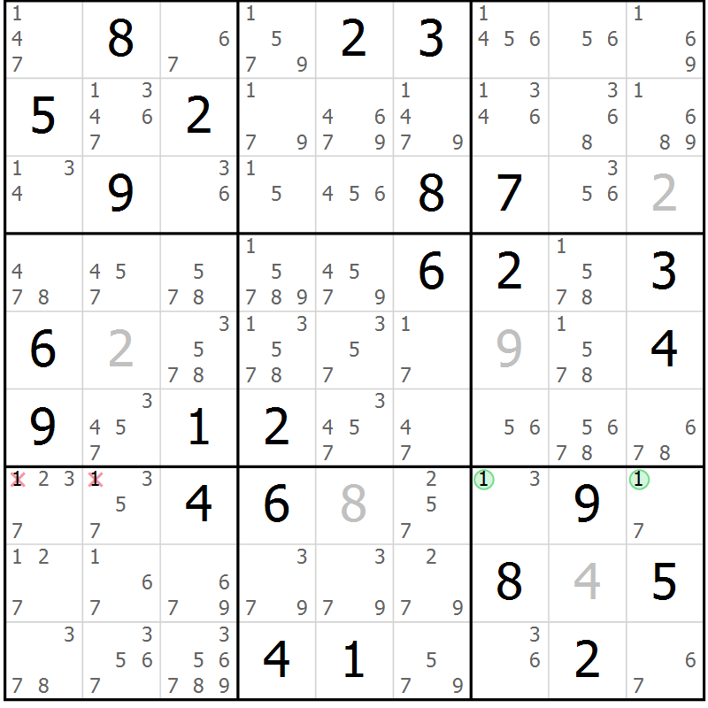 Position des candidats pour la solution de la Gr 80 page 83 du magazine de sudoku Virtuose n° 130