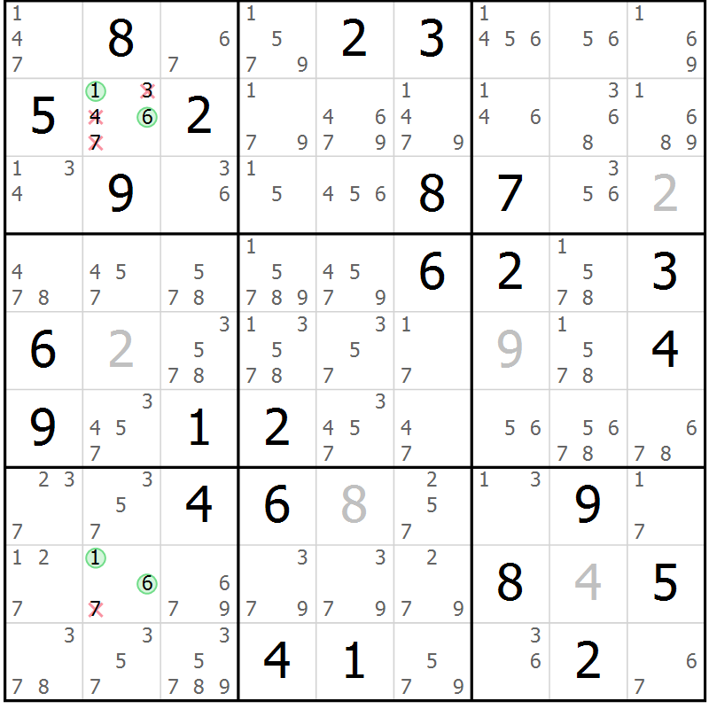 Position des candidats pour la solution de la Gr 80 page 83 du magazine de sudoku Virtuose n° 130