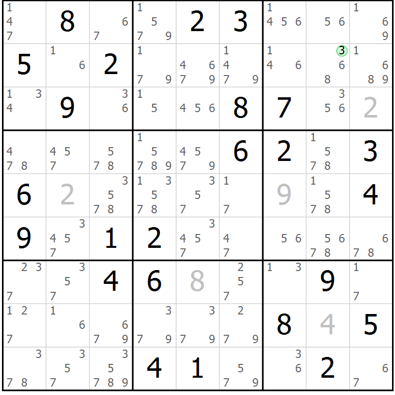 Position des candidats pour la solution de la Gr 80 page 83 du magazine de sudoku Virtuose n° 130