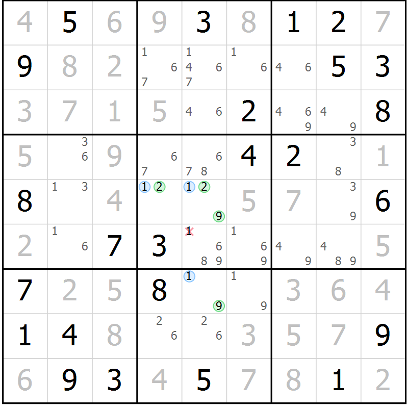 Position des candidats pour la solution de la Gr 81 page 84 du magazine de sudoku Virtuose n° 130