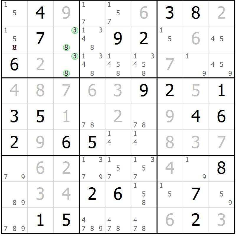 Position des candidats pour la solution de la Gr 82 page 85 du magazine de sudoku Virtuose n° 130
