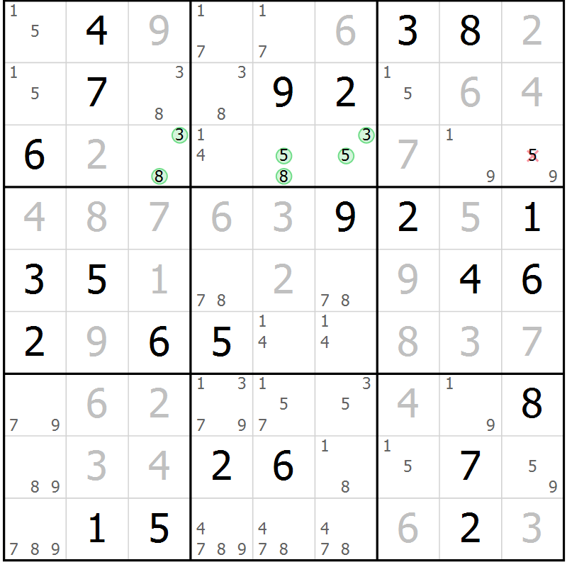 Position des candidats pour la solution de la Gr 82 page 85 du magazine de sudoku Virtuose n° 130