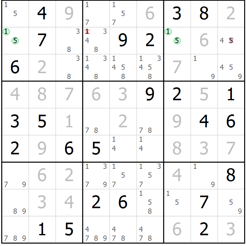 Position des candidats pour la solution de la Gr 82 page 85 du magazine de sudoku Virtuose n° 130