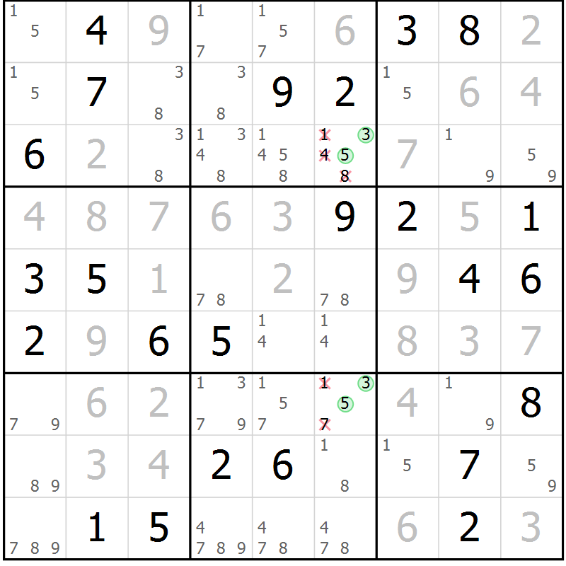 Position des candidats pour la solution de la Gr 82 page 85 du magazine de sudoku Virtuose n° 130