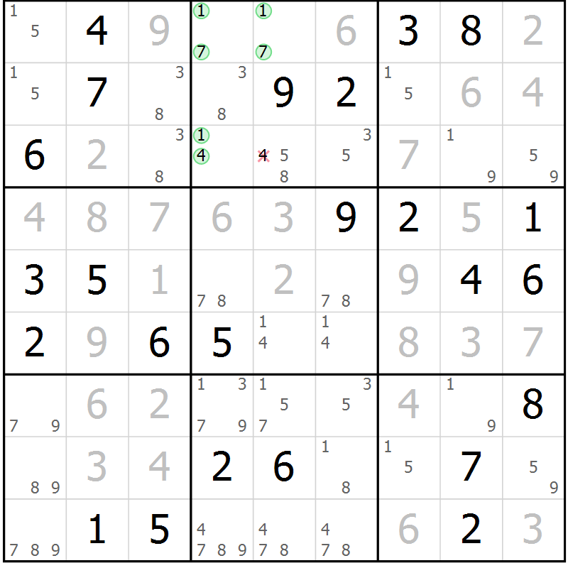 Position des candidats pour la solution de la Gr 82 page 85 du magazine de sudoku Virtuose n° 130