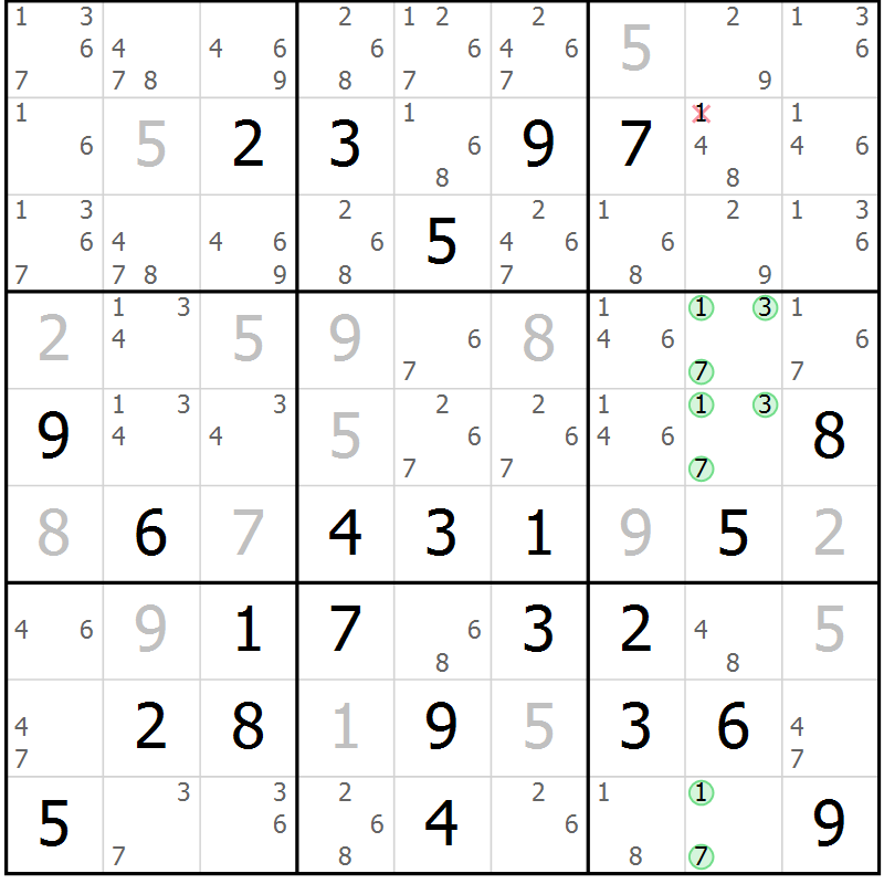 Position des candidats pour la solution de la Gr 83 page 86 du magazine de sudoku Virtuose n° 130