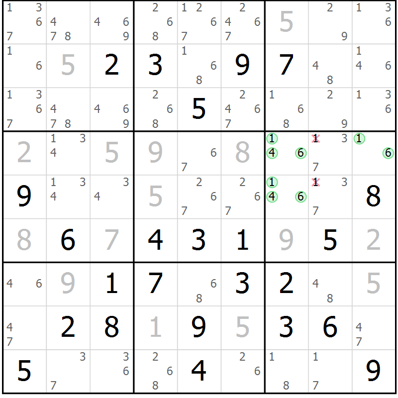 Position des candidats pour la solution de la Gr 83 page 86 du magazine de sudoku Virtuose n° 130