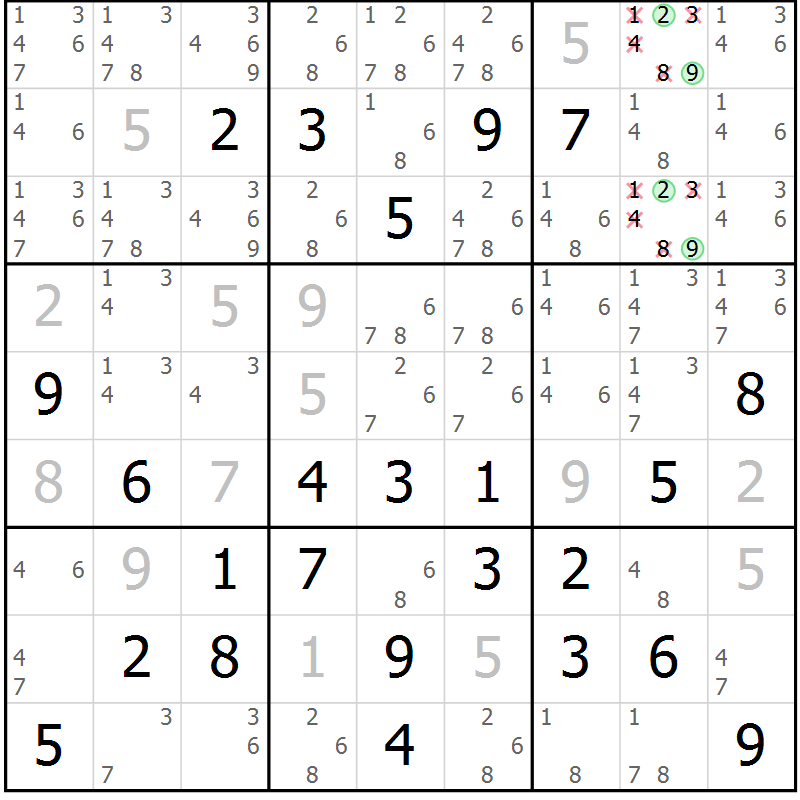 Position des candidats pour la solution de la Gr 83 page 86 du magazine de sudoku Virtuose n° 130