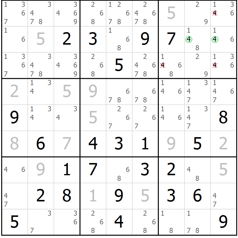 Position des candidats pour la solution de la Gr 83 page 86 du magazine de sudoku Virtuose n° 130