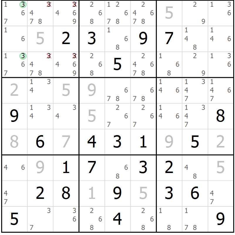Position des candidats pour la solution de la Gr 83 page 86 du magazine de sudoku Virtuose n° 130