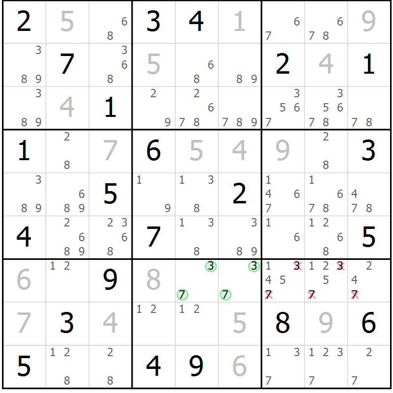 Position des candidats pour la solution de la Gr 9 page 12 du magazine de sudoku Virtuose n° 130