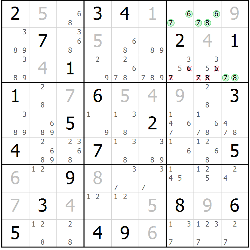 Position des candidats pour la solution de la Gr 9 page 12 du magazine de sudoku Virtuose n° 130