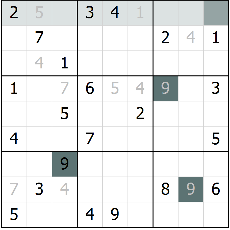 Position des candidats pour la solution de la Gr 9 page 12 du magazine de sudoku Virtuose n° 130