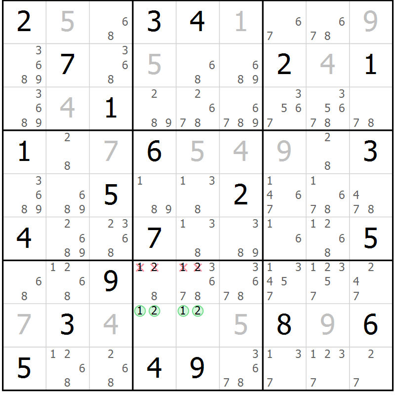 Position des candidats pour la solution de la Gr 9 page 12 du magazine de sudoku Virtuose n° 130