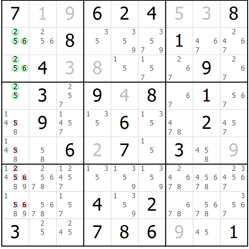 Position des candidats pour la solution de la Gr 1 page 4 du magazine de sudoku Giga sudoku niv 6-8 n° 016