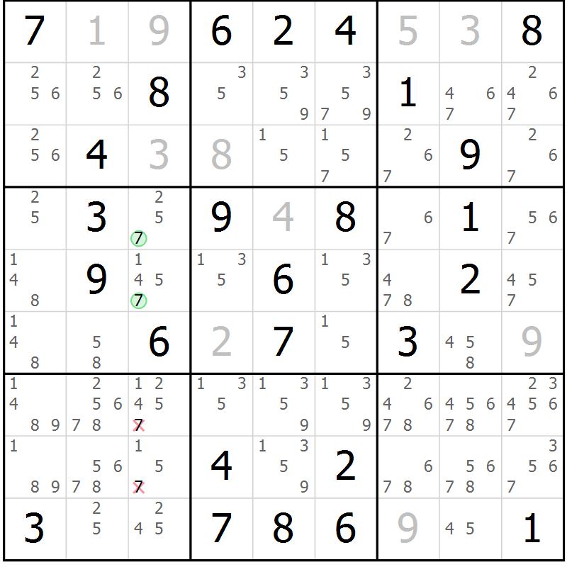 Position des candidats pour la solution de la Gr 1 page 4 du magazine de sudoku Giga sudoku niv 6-8 n° 016