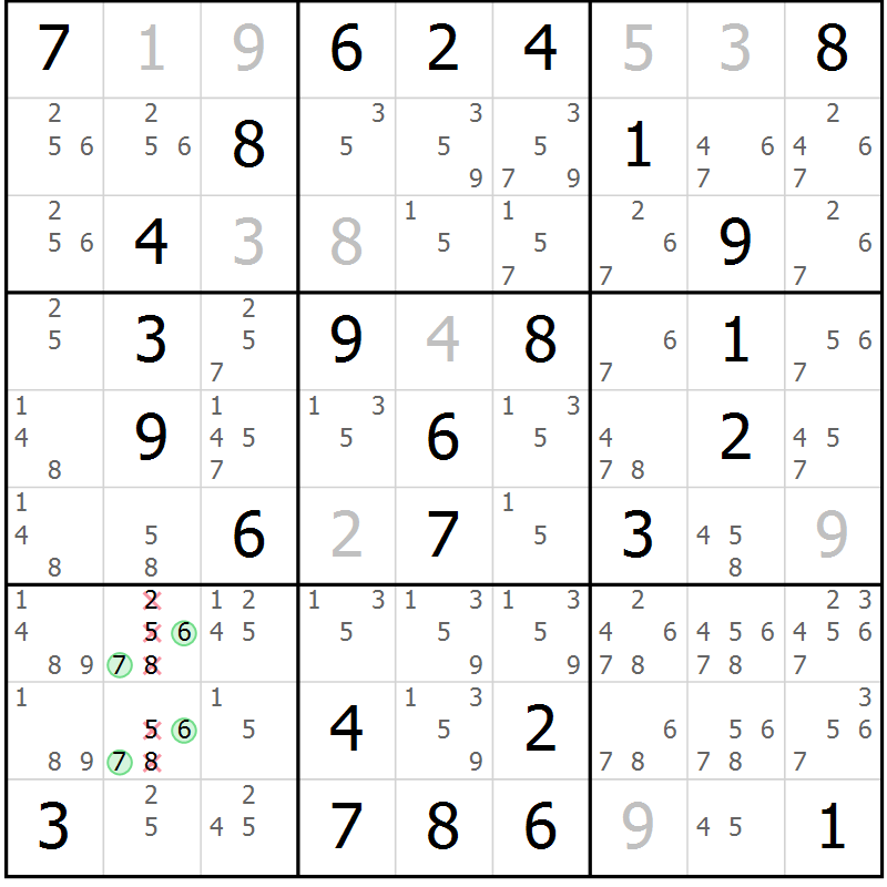 Position des candidats pour la solution de la Gr 1 page 4 du magazine de sudoku Giga sudoku niv 6-8 n° 016