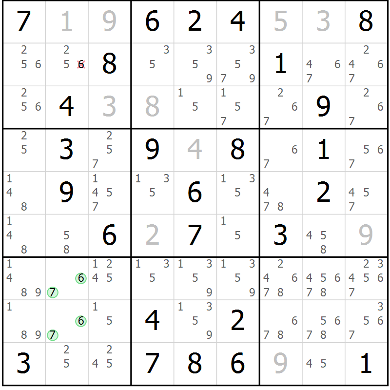 Position des candidats pour la solution de la Gr 1 page 4 du magazine de sudoku Giga sudoku niv 6-8 n° 016