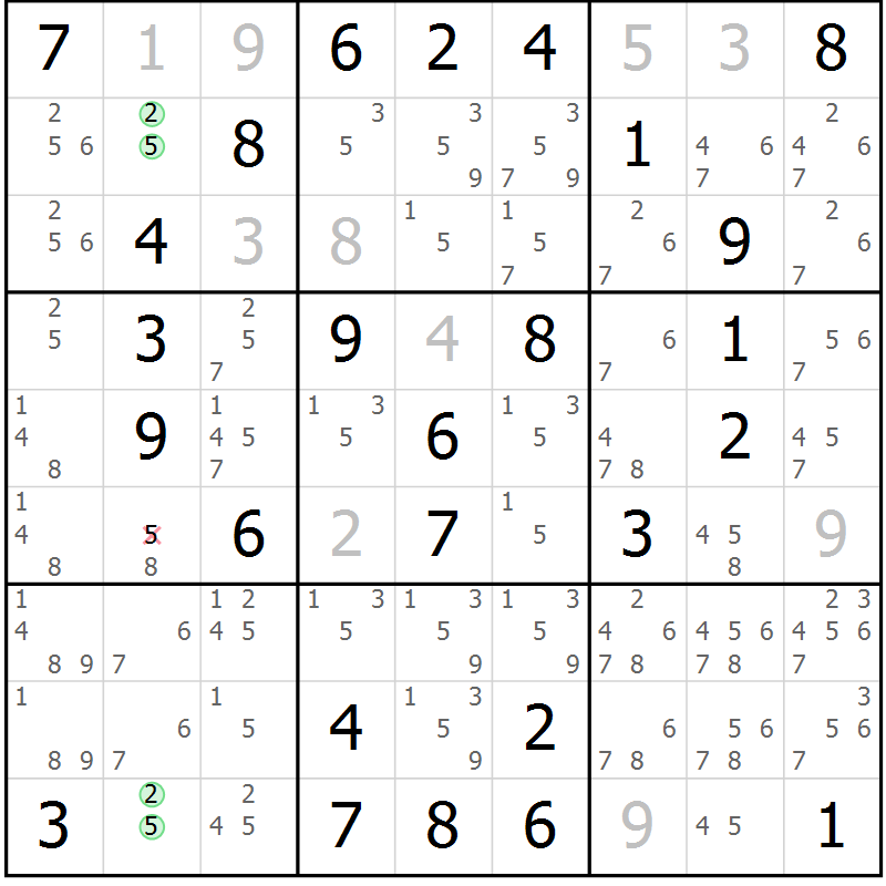 Position des candidats pour la solution de la Gr 1 page 4 du magazine de sudoku Giga sudoku niv 6-8 n° 016