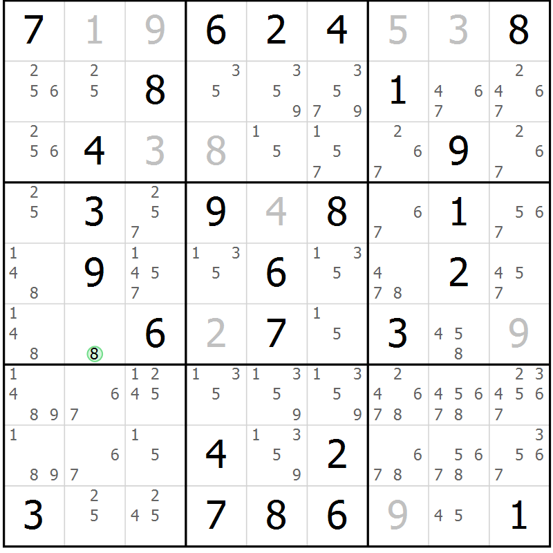 Position des candidats pour la solution de la Gr 1 page 4 du magazine de sudoku Giga sudoku niv 6-8 n° 016