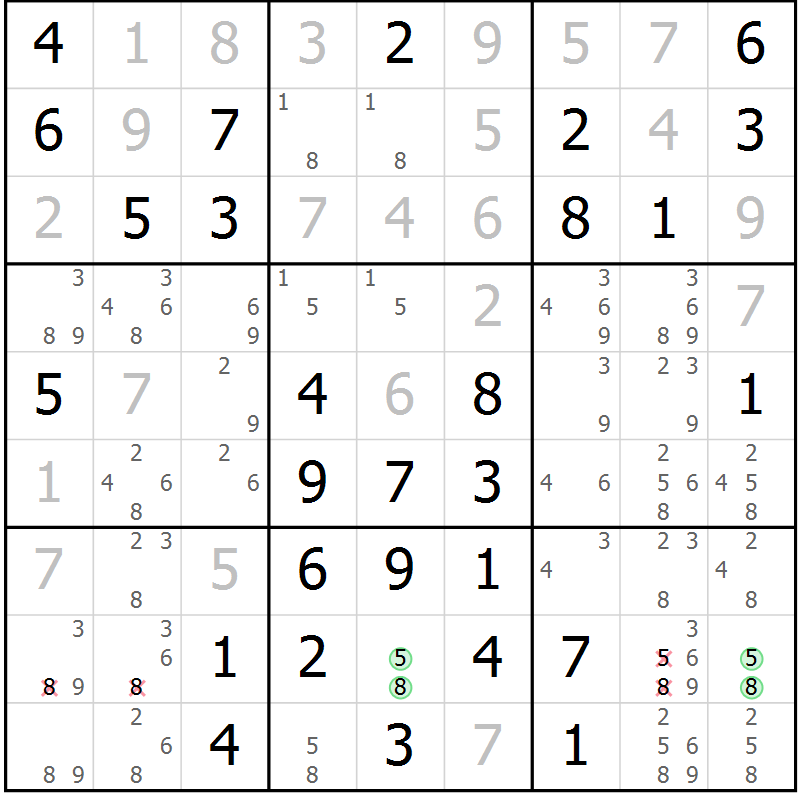Position des candidats pour la solution de la Gr 10 page 13 du magazine de sudoku Giga sudoku niv 6-8 n° 016
