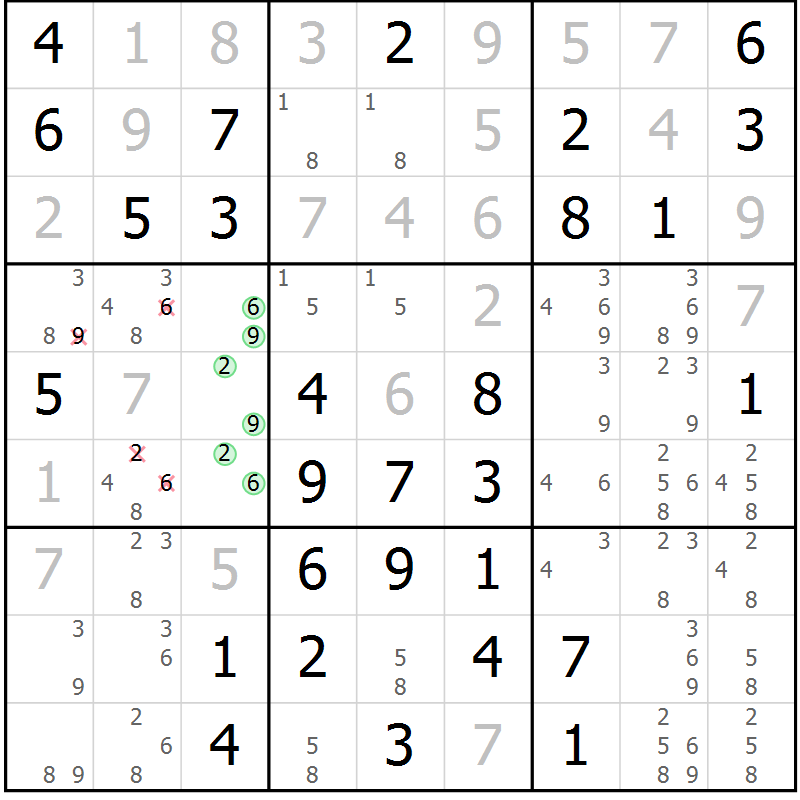Position des candidats pour la solution de la Gr 10 page 13 du magazine de sudoku Giga sudoku niv 6-8 n° 016