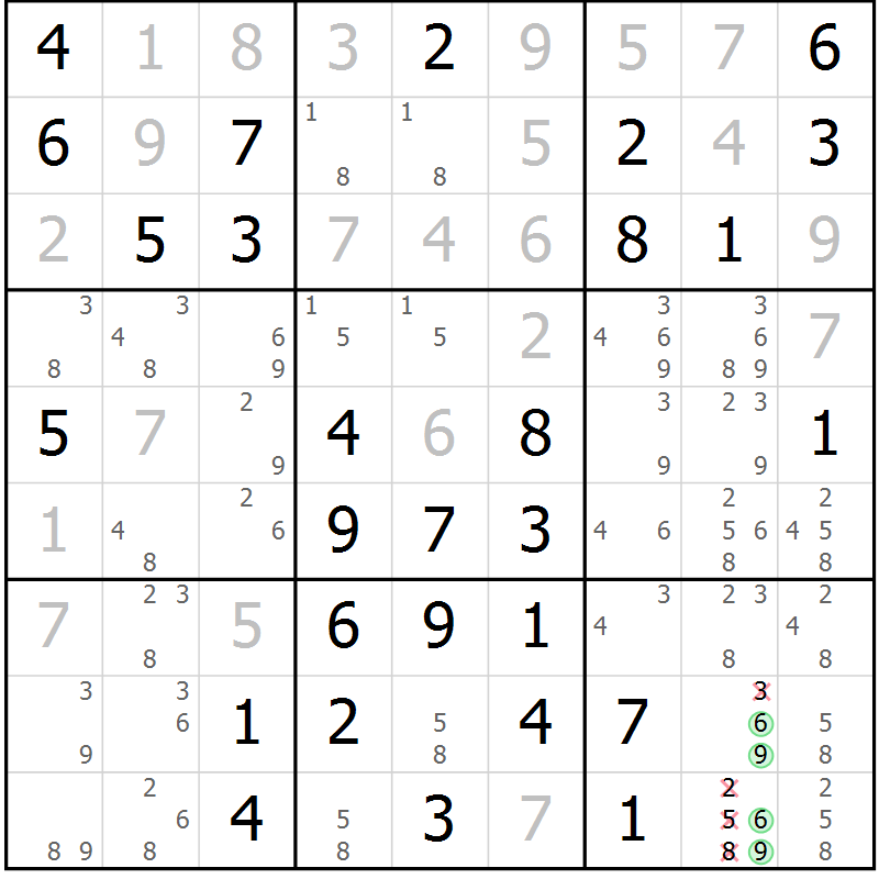 Position des candidats pour la solution de la Gr 10 page 13 du magazine de sudoku Giga sudoku niv 6-8 n° 016