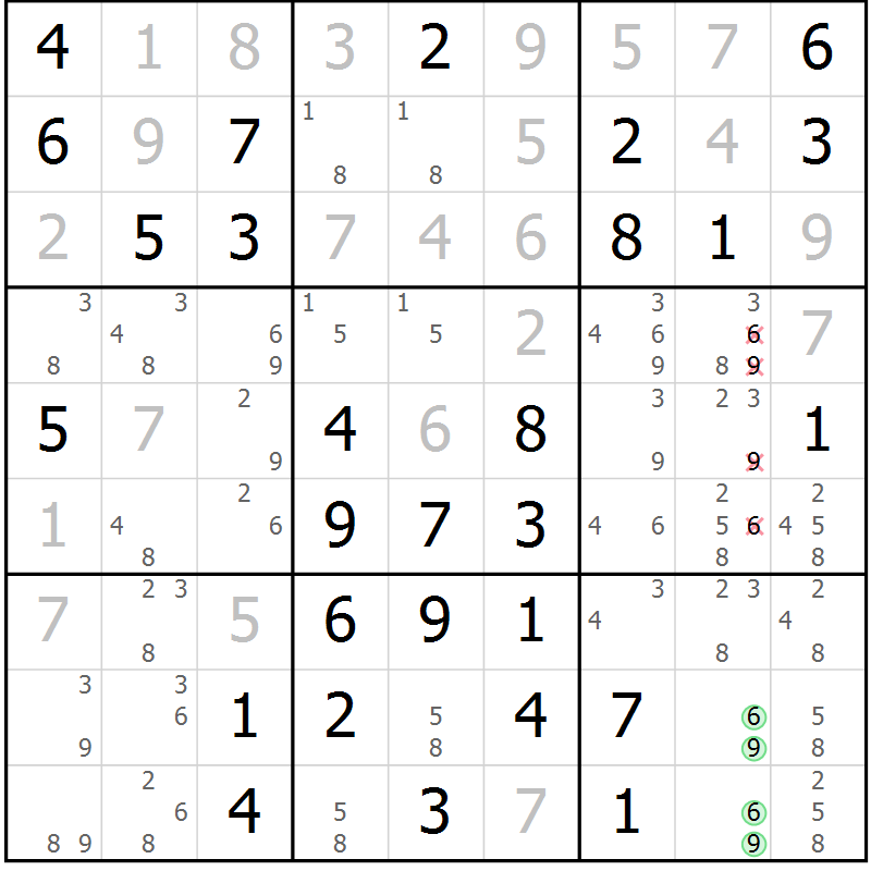 Position des candidats pour la solution de la Gr 10 page 13 du magazine de sudoku Giga sudoku niv 6-8 n° 016