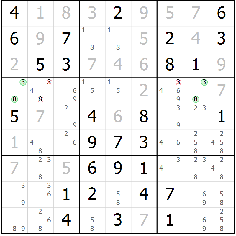 Position des candidats pour la solution de la Gr 10 page 13 du magazine de sudoku Giga sudoku niv 6-8 n° 016