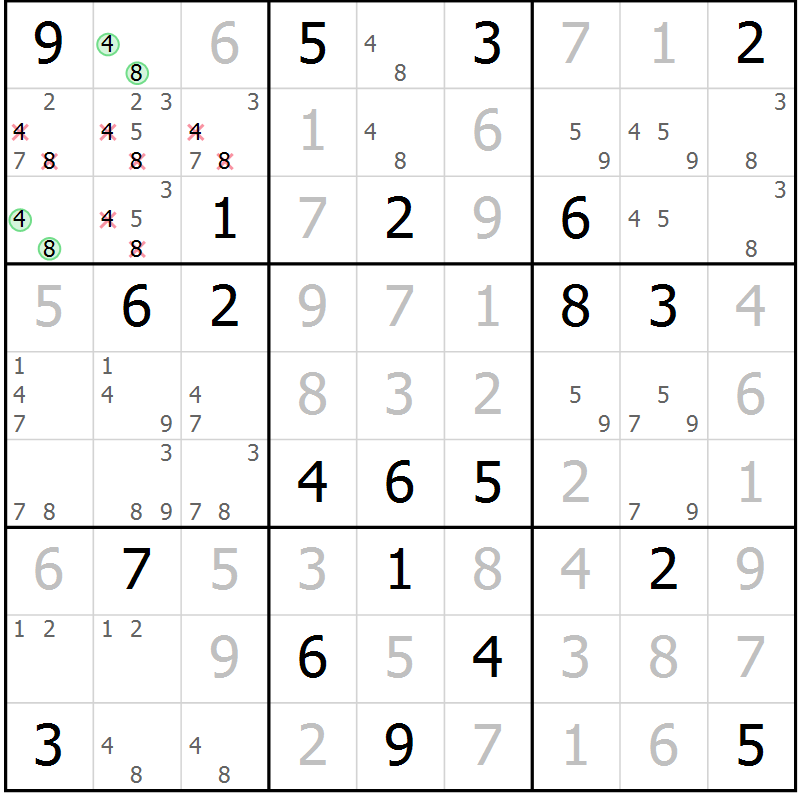 Position des candidats pour la solution de la Gr 100 page 103 du magazine de sudoku Giga sudoku niv 6-8 n° 016