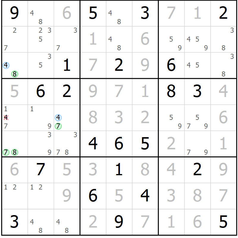 Position des candidats pour la solution de la Gr 100 page 103 du magazine de sudoku Giga sudoku niv 6-8 n° 016