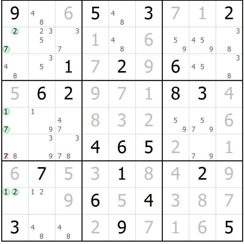 Position des candidats pour la solution de la Gr 100 page 103 du magazine de sudoku Giga sudoku niv 6-8 n° 016