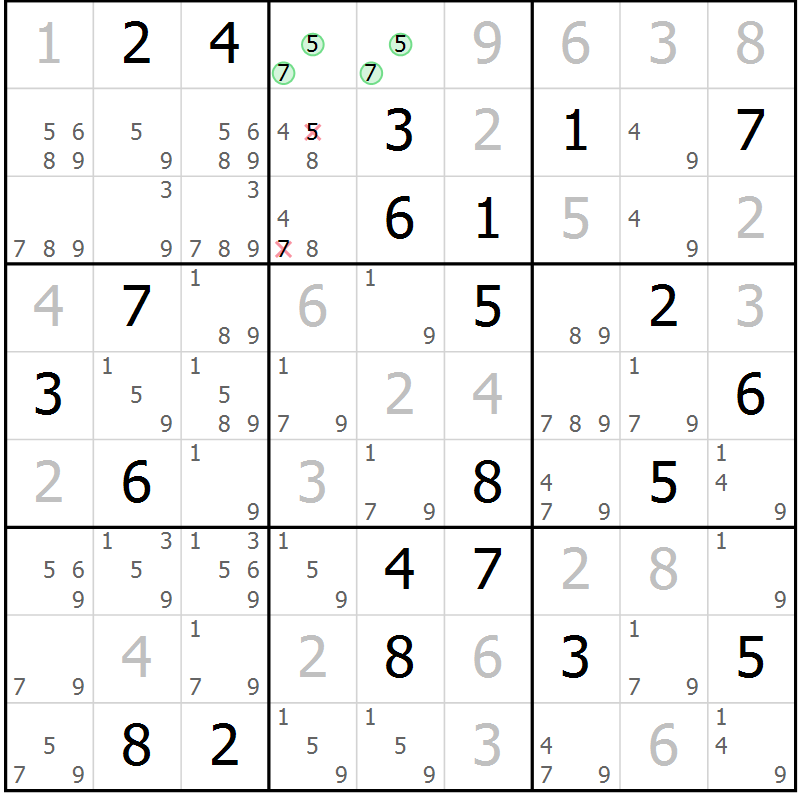 Position des candidats pour la solution de la Gr 101 page 104 du magazine de sudoku Giga sudoku niv 6-8 n° 016