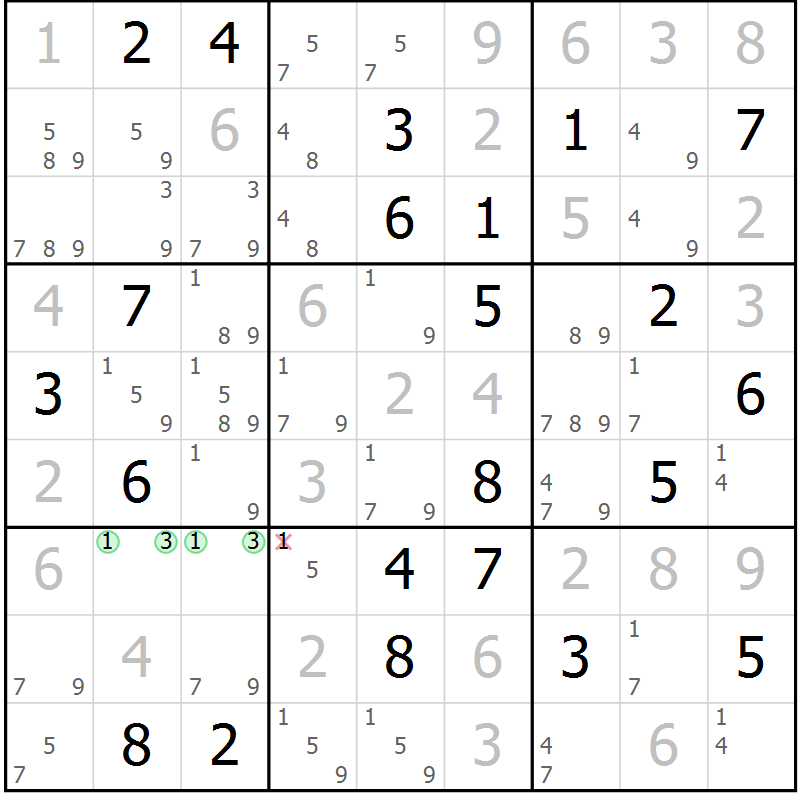 Position des candidats pour la solution de la Gr 101 page 104 du magazine de sudoku Giga sudoku niv 6-8 n° 016