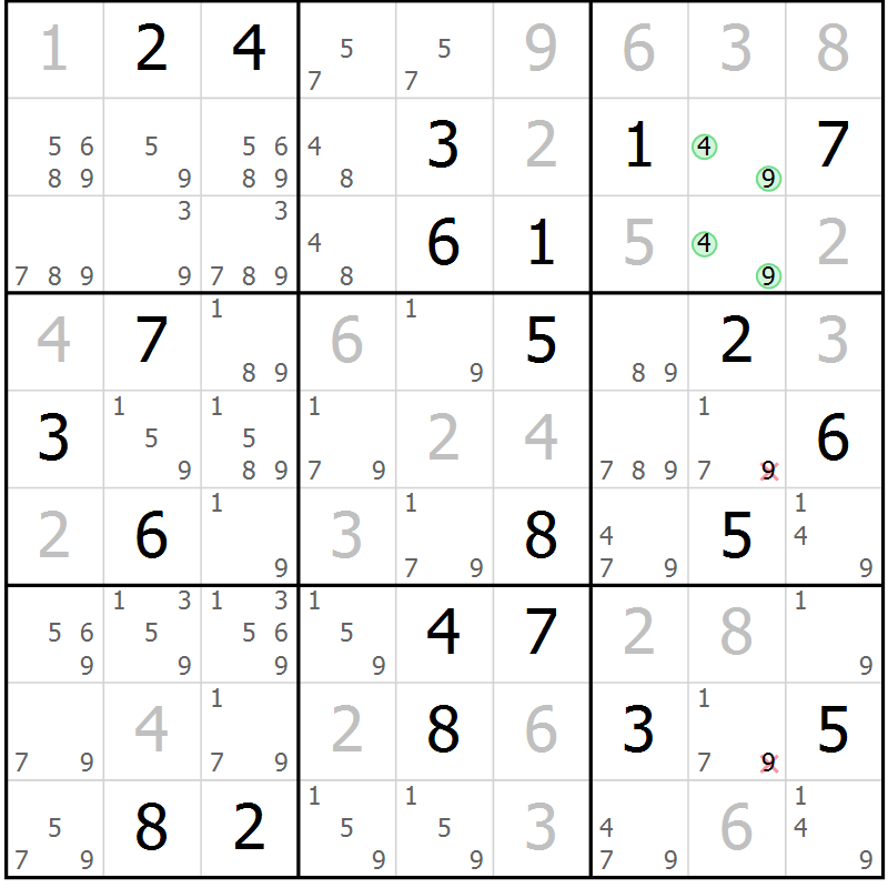 Position des candidats pour la solution de la Gr 101 page 104 du magazine de sudoku Giga sudoku niv 6-8 n° 016