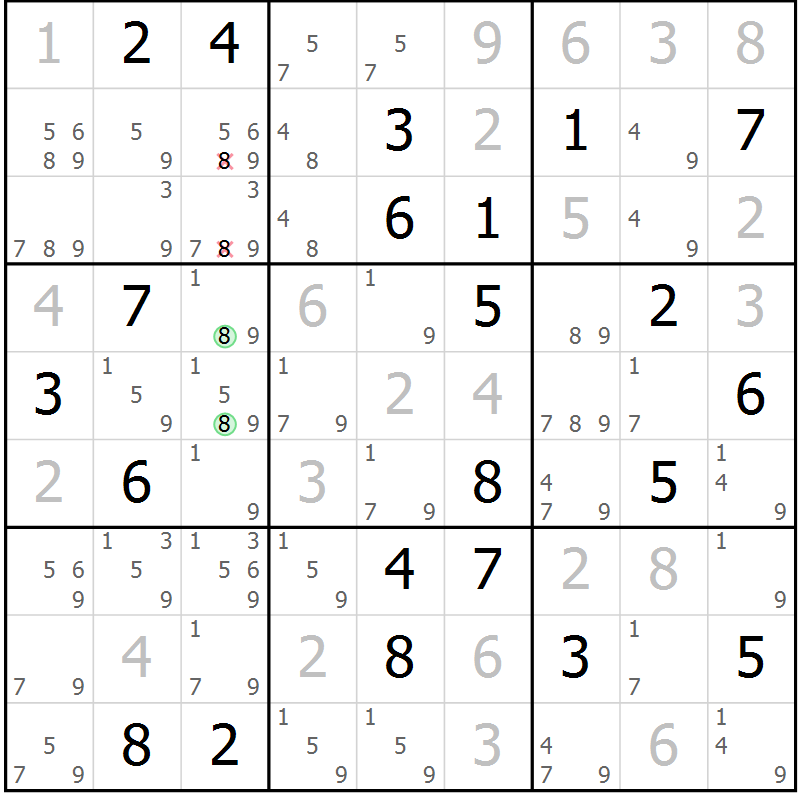 Position des candidats pour la solution de la Gr 101 page 104 du magazine de sudoku Giga sudoku niv 6-8 n° 016