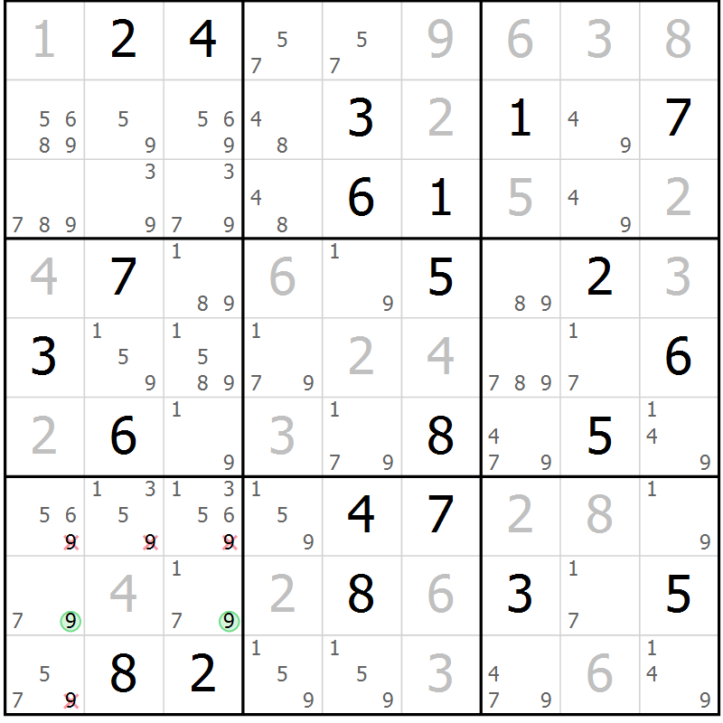 Position des candidats pour la solution de la Gr 101 page 104 du magazine de sudoku Giga sudoku niv 6-8 n° 016