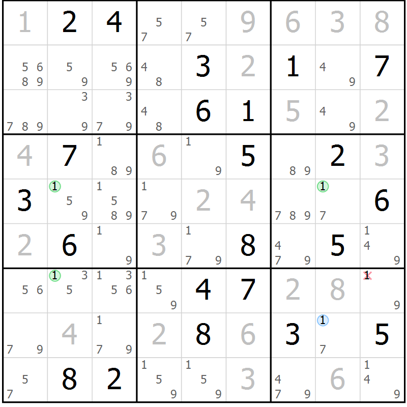 Position des candidats pour la solution de la Gr 101 page 104 du magazine de sudoku Giga sudoku niv 6-8 n° 016