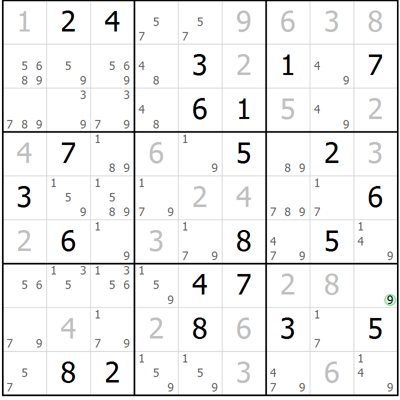 Position des candidats pour la solution de la Gr 101 page 104 du magazine de sudoku Giga sudoku niv 6-8 n° 016