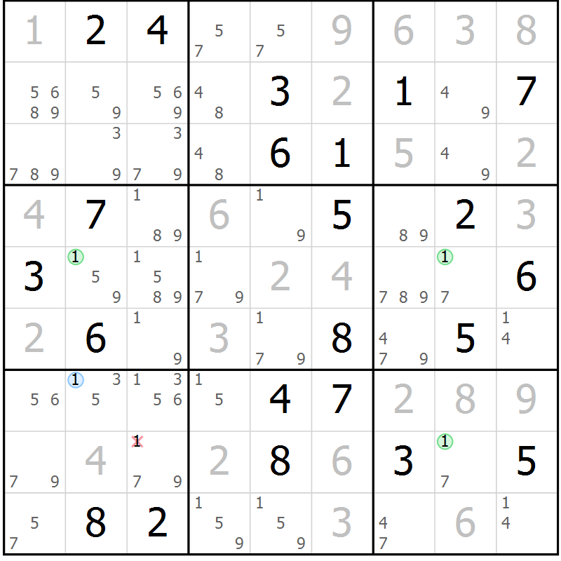 Position des candidats pour la solution de la Gr 101 page 104 du magazine de sudoku Giga sudoku niv 6-8 n° 016