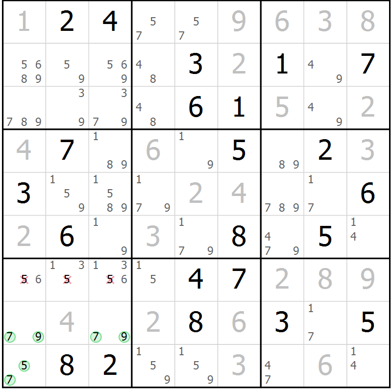 Position des candidats pour la solution de la Gr 101 page 104 du magazine de sudoku Giga sudoku niv 6-8 n° 016