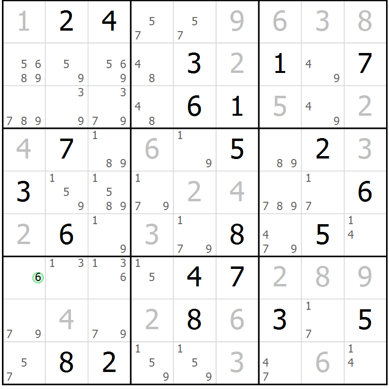 Position des candidats pour la solution de la Gr 101 page 104 du magazine de sudoku Giga sudoku niv 6-8 n° 016