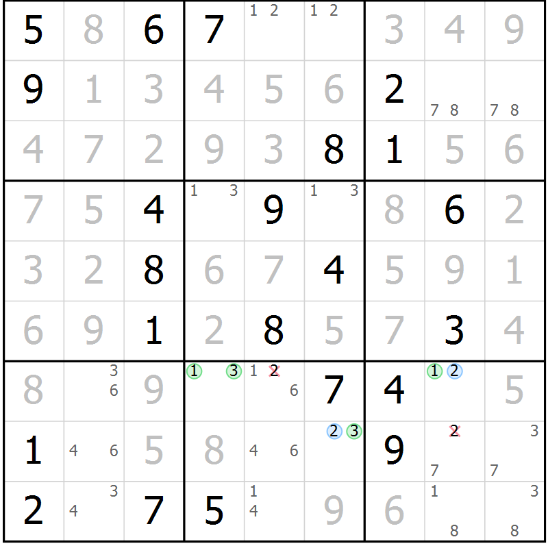 Position des candidats pour la solution de la Gr 102 page 105 du magazine de sudoku Giga sudoku niv 6-8 n° 016