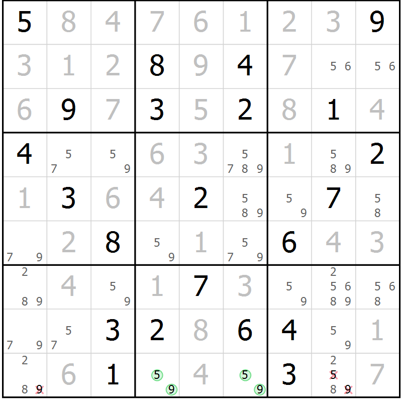Position des candidats pour la solution de la Gr 103 page 106 du magazine de sudoku Giga sudoku niv 6-8 n° 016