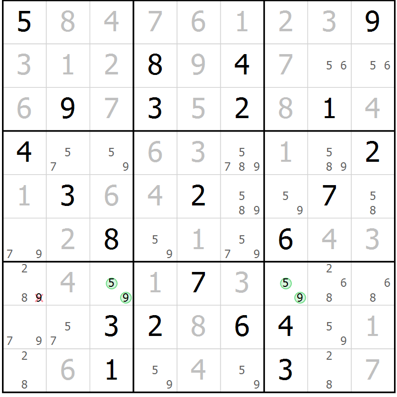 Position des candidats pour la solution de la Gr 103 page 106 du magazine de sudoku Giga sudoku niv 6-8 n° 016
