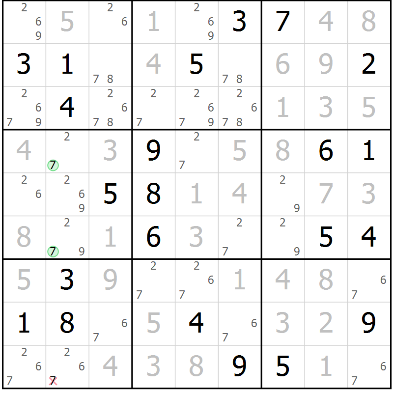 Position des candidats pour la solution de la Gr 104 page 107 du magazine de sudoku Giga sudoku niv 6-8 n° 016