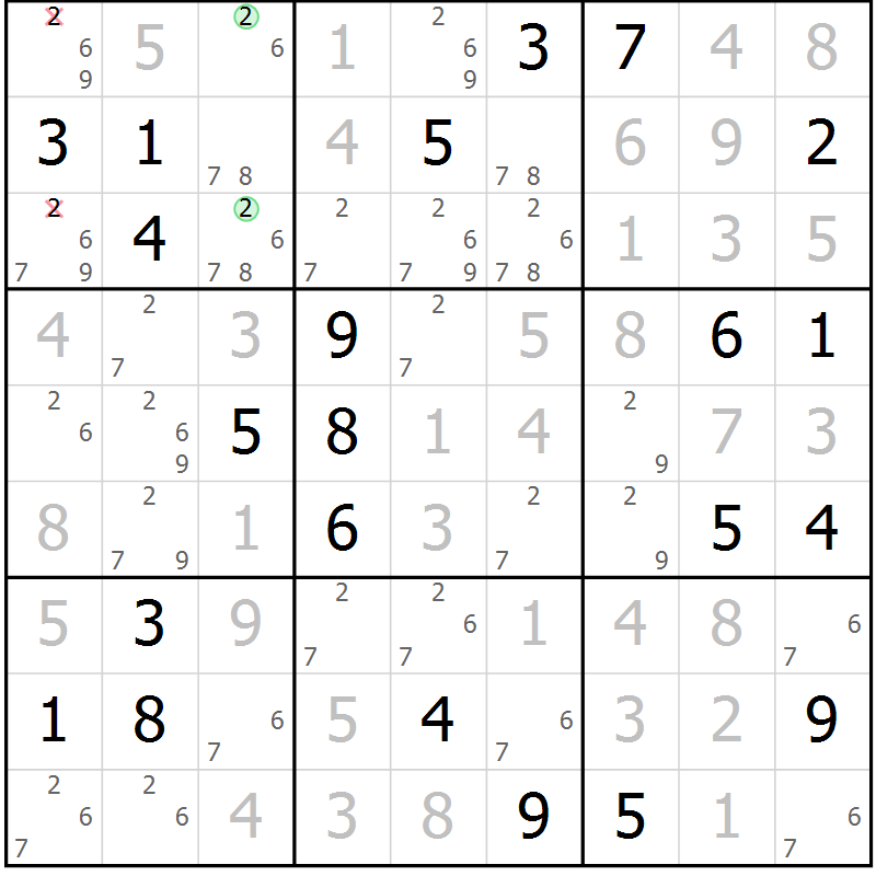 Position des candidats pour la solution de la Gr 104 page 107 du magazine de sudoku Giga sudoku niv 6-8 n° 016