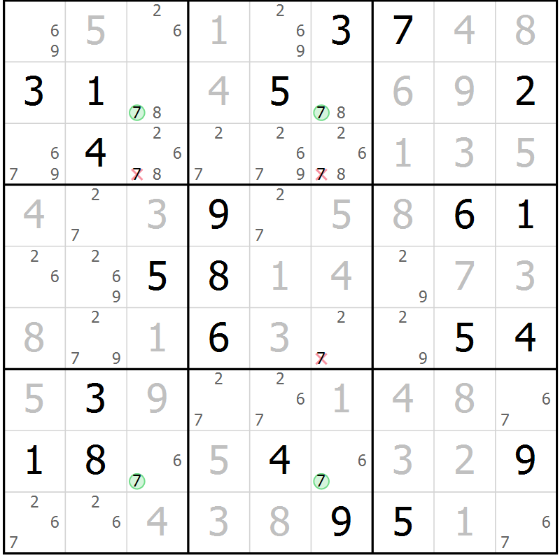 Position des candidats pour la solution de la Gr 104 page 107 du magazine de sudoku Giga sudoku niv 6-8 n° 016