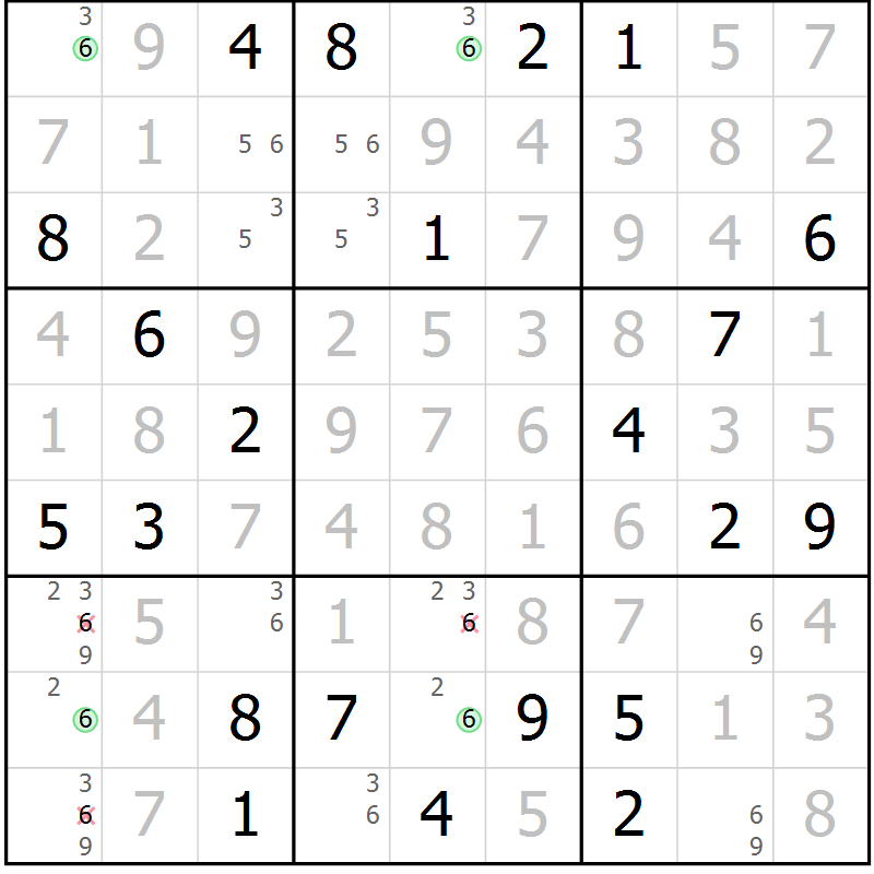 Position des candidats pour la solution de la Gr 105 page 108 du magazine de sudoku Giga sudoku niv 6-8 n° 016